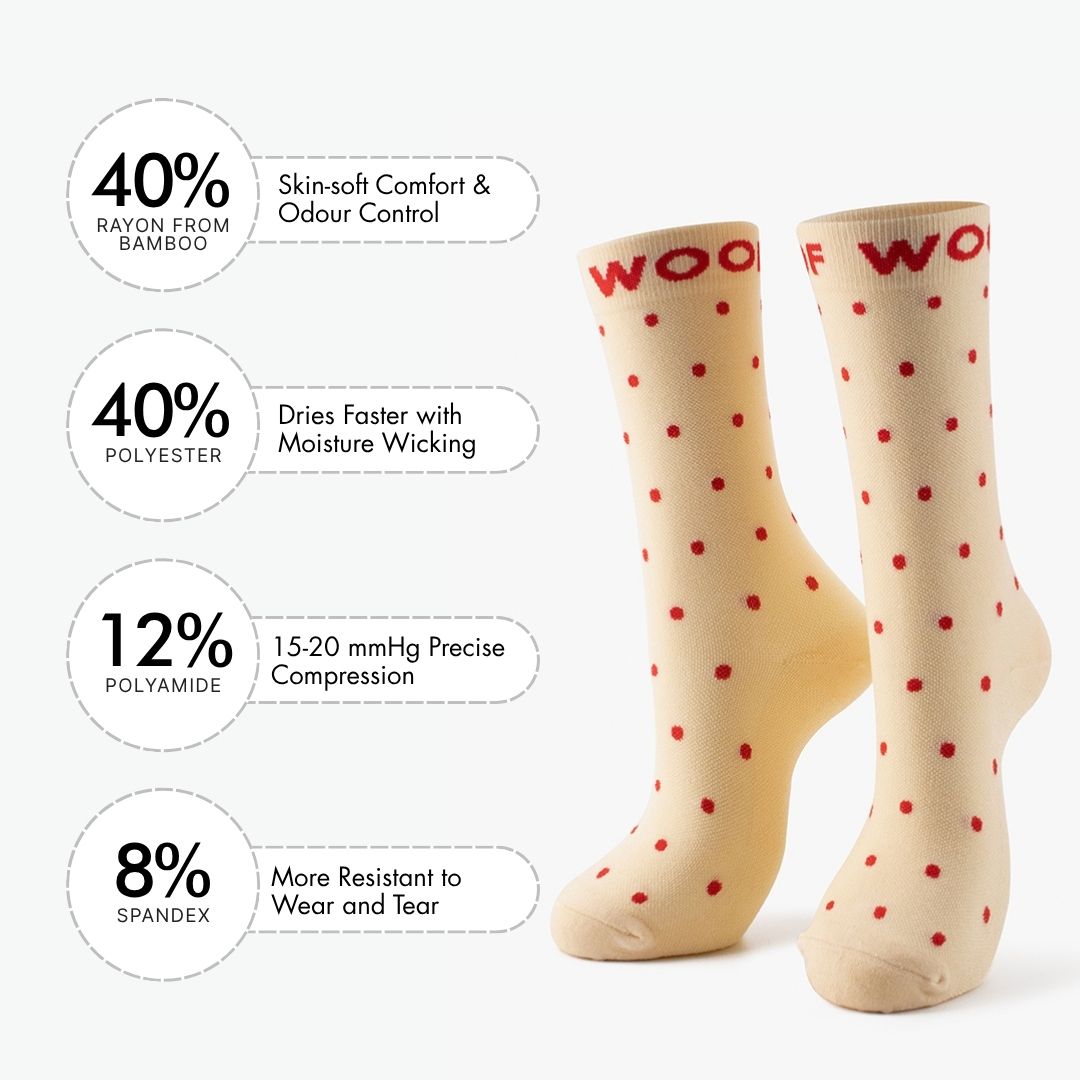 Polka Dots Bamboo Crew Compression Socks accompanied by a material breakdown panel detailing the fabric mix: 40% bamboo viscose (breath comfort & odor control), 40% nylon (easy care & moisture wicking), 12% polyester (12-15mmHg precise compression), and 8% elastane (wear resistant to heel and toe).  